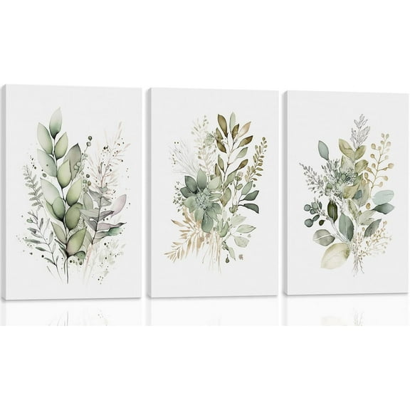 FCCUYE Watercolor Botanical Wall Art Set of 3 Boho Sage Green Wildflower Canvas Wall Art Prints Modern Floral Wall Decor for Bedroom Living Room Bathroom Decorations Wood d 12x16 Inches