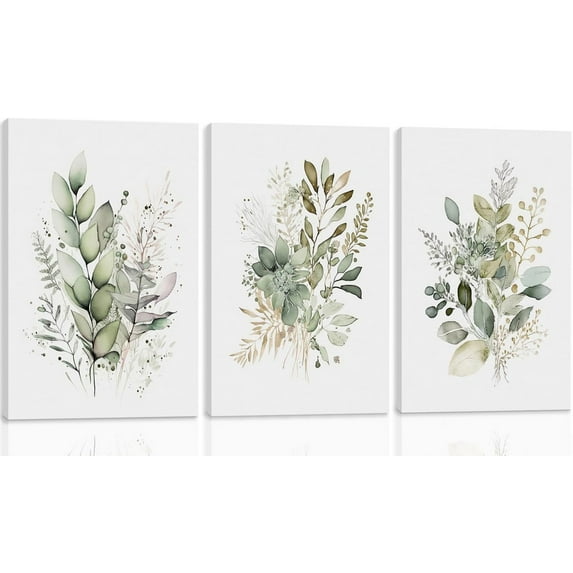 FCCUYE Watercolor Botanical Wall Art Set of 3 Boho Sage Green Wildflower Canvas Wall Art Prints Modern Floral Wall Decor for Bedroom Living Room Bathroom Decorations Wood d 12x16 Inches