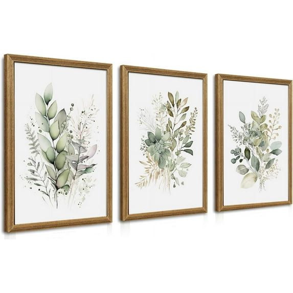 FCCUYE Watercolor Botanical Wall Art Set of 3 Boho Sage Green Wildflower Canvas Wall Art Prints Modern Floral Wall Decor for Bedroom Living Room Bathroom Decorations Wood d 12x16 Inches