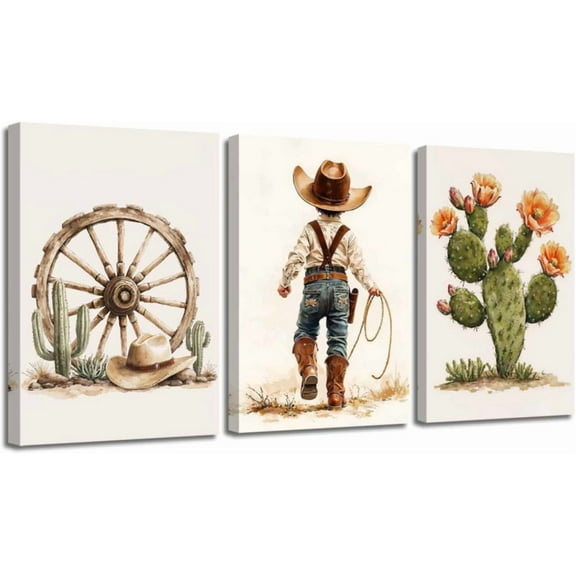 FCCUYE Western Cowboy Wall Art Set of 3 Nursery Canvas Prints Cactus Desert Poster Picture Cowboy Hats Paintings for Baby Boys Bedroom Children Decor Framed (Brown, 16.00" x 24.00" x 3PCS)