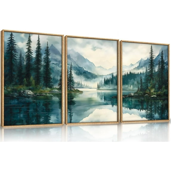 FCCUYE White Foggy Forest Mountain Wall Art d,Large Misty Watercolor Pine Tree Wall Decor set of 3 (24"x36"), Nature Lake Landscape Canvas Painting for Living Room, Bedroom, Office