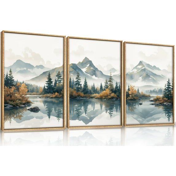 FCCUYE White Foggy Forest Mountain Wall Art d,Large Misty Watercolor Pine Tree Wall Decor set of 3 (24"x36"), Nature Lake Landscape Canvas Painting for Living Room, Bedroom, Office