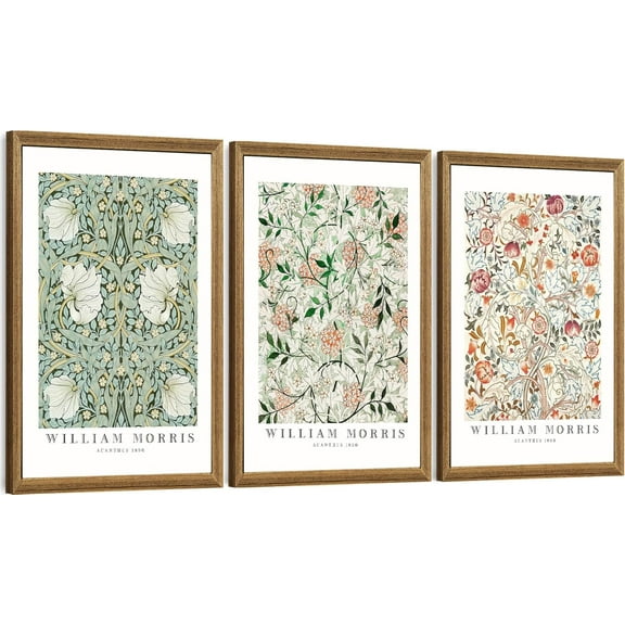 FCCUYE William Morris Framed Canvas Wall Art Set, 3 Piece Vintage Botanical Floral Pattern Pictures Prints Artwork, Large Paintings Wall Decor for Living Room Bedroom Bathroom Office, 12x16in