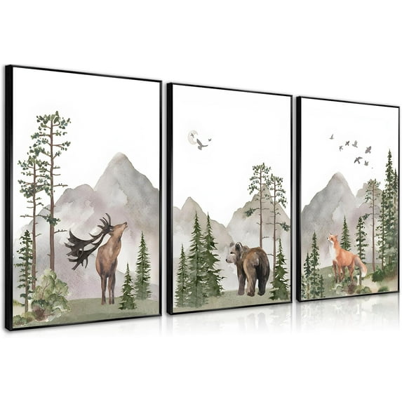 FCCUYE Woodland Nursery Wall Art Wild Animals Forest Wall Decor Prints Adventure Theme Canvas Posters Deer Bear Fox Watercolor Pictures Paintings for Boys Room Girls Room 3Pcs 16x24in d