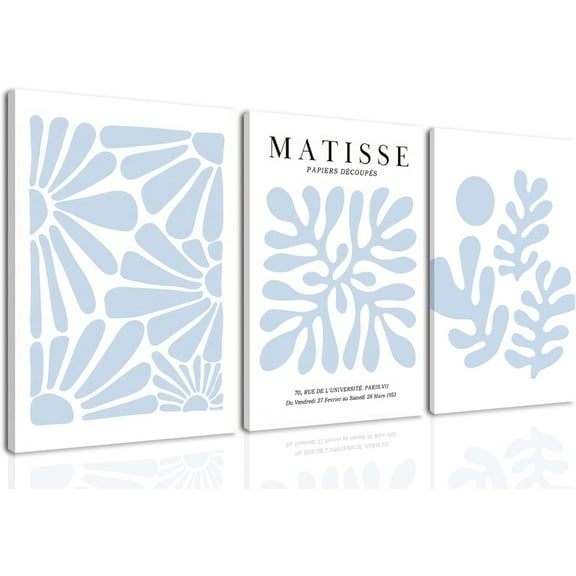 FCCUYE d Blue Matisse Canvas Wall Art Set Of 3 Light Blue Boho Floral Prints Flower Market Poster Picture Abstract Vintage Plant Painting Wall Decor Aesthetic For Living Room Bedroom 12x16 In