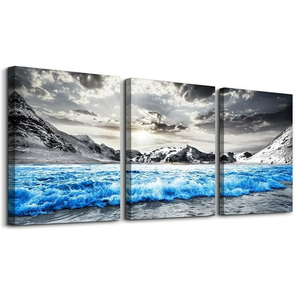 FCCUYE d Canvas Wall Art For Bedroom Modern Home Wall Decoration For Living Room Office Wall Decor Black And White Beach Wall Paintings Blue Ocean Sea Wave Pictures Posters Artwork 3 Piece