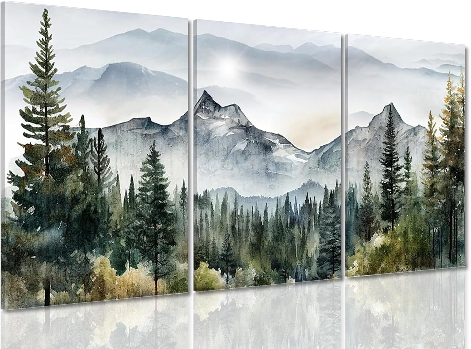 FCCUYE d Green Mountain Wall Art Set of 3, Misty Forest Pictures Wall ...