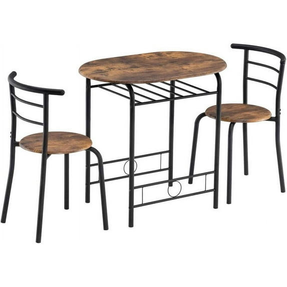 FCH 3 Piece Small Dining Table Set for 2, Oval Coffee & Breakfast Nook Table with 2 Chairs, Kitchen Set with Shelve, for Small Places, Apartment, Bistro, Place Saving, Wooden & Mental, Brown