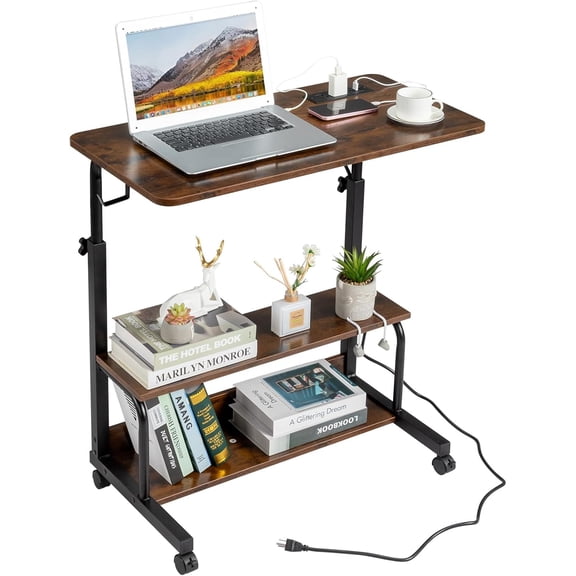 FCH 31.5" Mobile Small Standing Desk, Adjustable Height Mobile Computer Desk, w/2 AC Outlets + 3 USB Ports & Hooks, Storage Shelves, Suitable for Gaming, Studying, Home Office, Vintage Brown