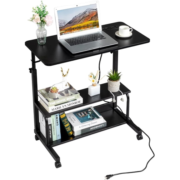 FCH 31.5" Mobile Small Standing Desk, Adjustable Height Mobile Computer Desk, w/2 AC Outlets + 3 USB Ports & Hooks, Storage Shelves, Suitable for Gaming, Studying, Home Office, Black