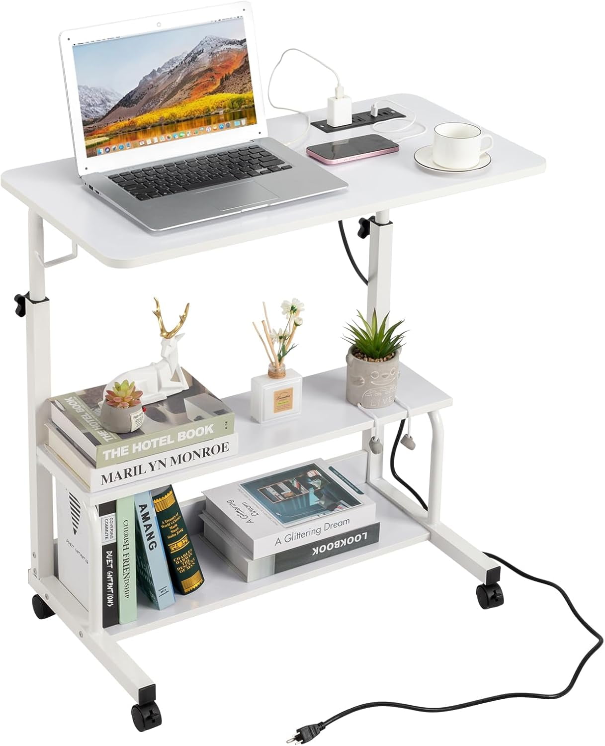 FCH 31.5" Mobile Small Standing Desk, Adjustable Height Mobile Computer Desk, w/2 AC Outlets + 3 USB Ports & Hooks, Storage Shelves, Suitable for Gaming, Studying, Home Office, White