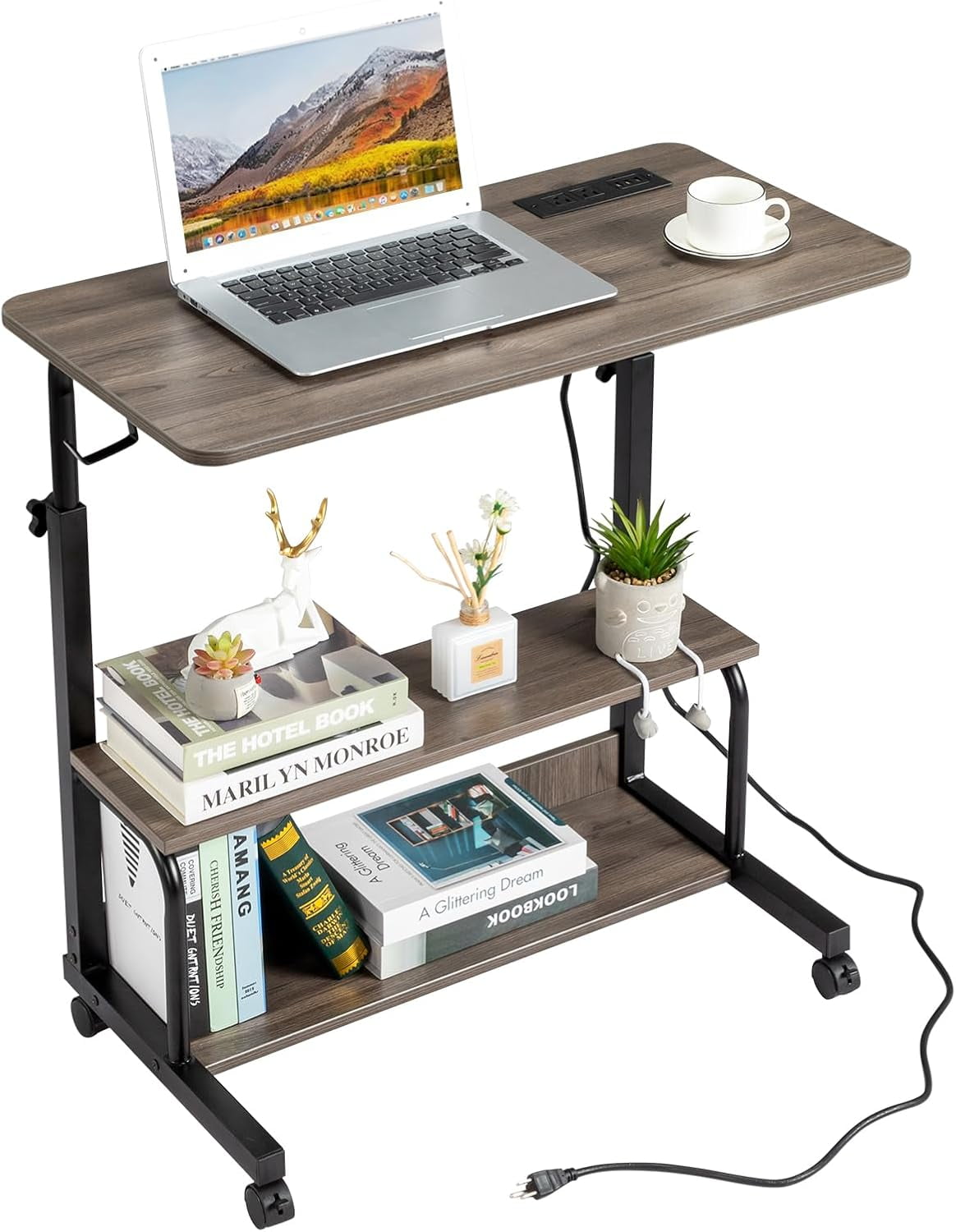 FCH 31.5" Mobile Small Standing Desk, Adjustable Height Mobile Computer Desk, w/2 AC Outlets + 3 USB Ports & Hooks, Storage Shelves, Suitable for Gaming, Studying, Home Office, Gray