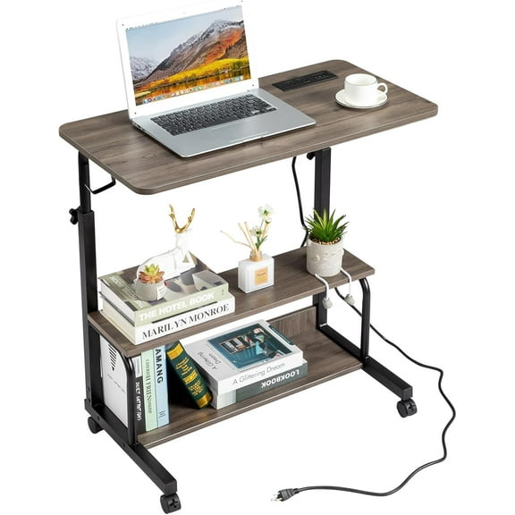 FCH 31.5" Mobile Small Standing Desk, Adjustable Height Mobile Computer Desk, w/2 AC Outlets + 3 USB Ports & Hooks, Storage Shelves, Suitable for Gaming, Studying, Home Office, Gray