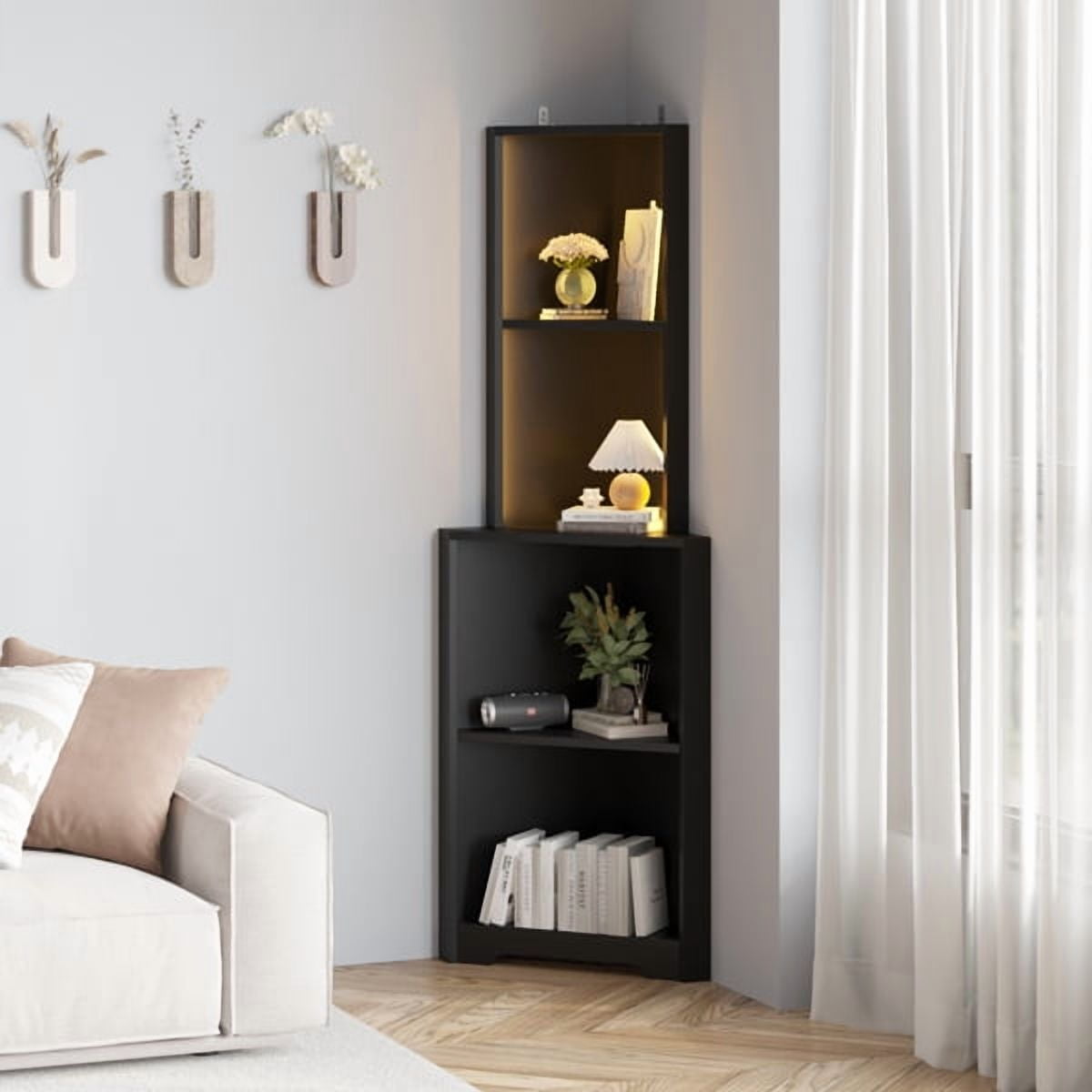 FCH 4-Tier L-Shaped Corner Display Rack with LED Light and Power Strip ...