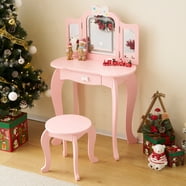 ZONEKIZ Set Toeletta Bambina con Specchio e Sgabello Legno Rosa | Italy