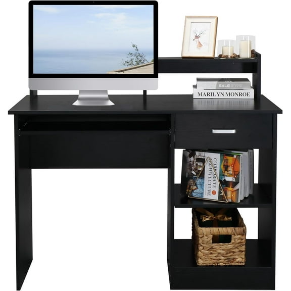 FCH Computer Desk, Multifunctional Workstation, w/Drawers, Keyboard Tray & Hutch, Modern Home Office Desks Suitable for Gaming, Studying, Home Office, Black