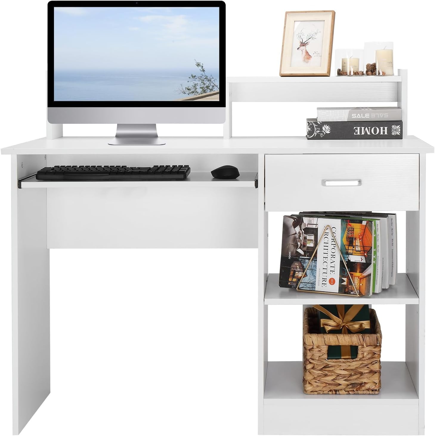 FCH Computer Desk, Multifunctional Workstation, w/Drawers, Keyboard Tray & Hutch, Modern Home Office Desks Suitable for Gaming, Studying, Home Office, White