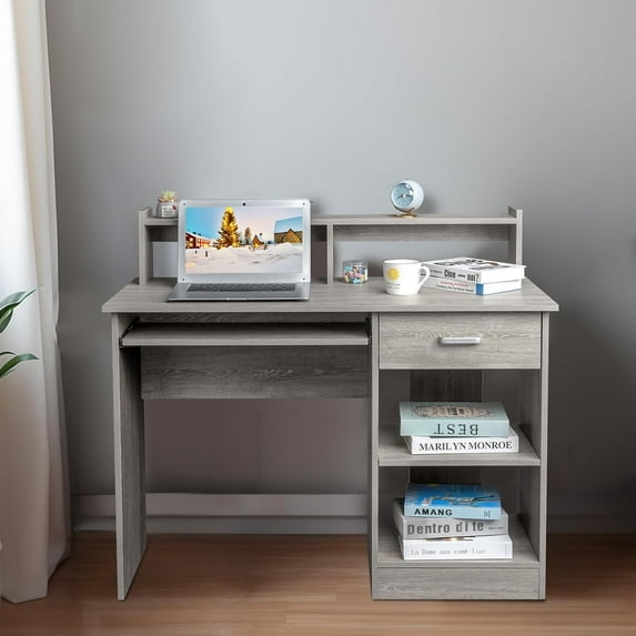FCH Computer Desk with Storage, Home Office Desk w/Drawer, Keyboard Tray, Shelf Storage, Multifunctional Workstation for Kids Teen, Wood Desk with Storage for Gaming, Studying, Home Office, Gray