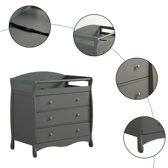 FCH EasingRoom 3-Drawer Changing Table Dresser, Gray, Wood, Nursery Dresser