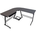 thumbnail image 1 of FCH L-Shaped Computer Desk, Corner Desk w/Monitor Shelf, CPU Stand & Sufficient Desktop Space, Upgraded Tempered Glass Table Top, Steel Frame Legs, Black, 1 of 7