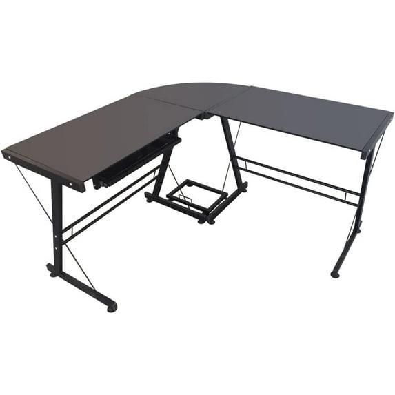 FCH L-Shaped Computer Desk, Corner Desk w/Monitor Shelf, CPU Stand & Sufficient Desktop Space, Upgraded Tempered Glass Table Top, Steel Frame Legs, Black
