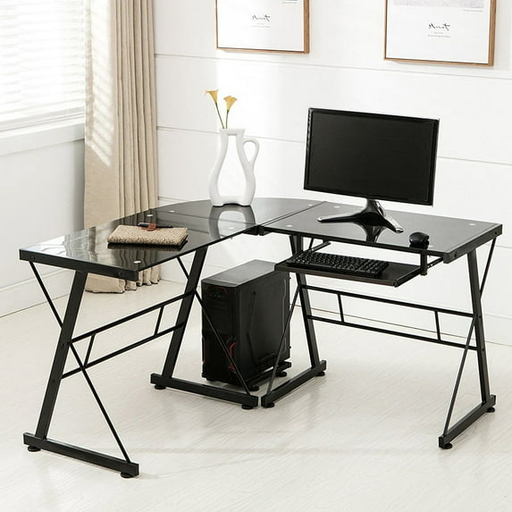 FCH L-Shaped Computer Desk Durable Stalinite Splicing Desk Glass Laptop Table Workstation Corner