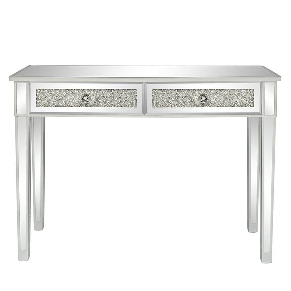 FCH Mirrored Console Table, Makeup Vanity Desk, Glass Desk with 2 Drawers, Mirror for Entryway Table, Mirrored Vanity, Crystal, for Living Room, Dressing Room, Office,Silver