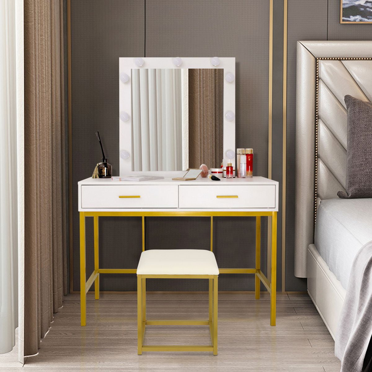 FCH Single Mirror With 2 Drawers And Light Bulbs, Steel Frame Dressing