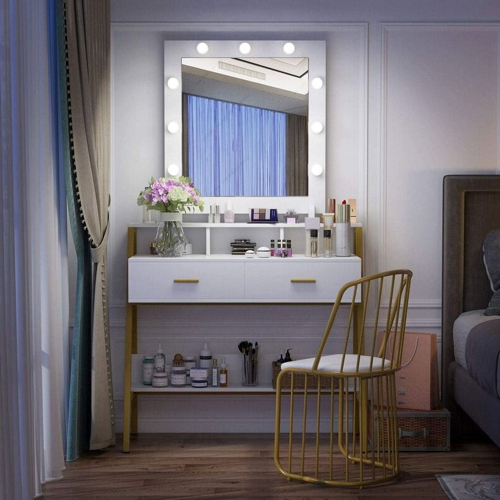 FCH Vanity Table Makeup Dressing Table with Mirror, 2 Drawers, 10