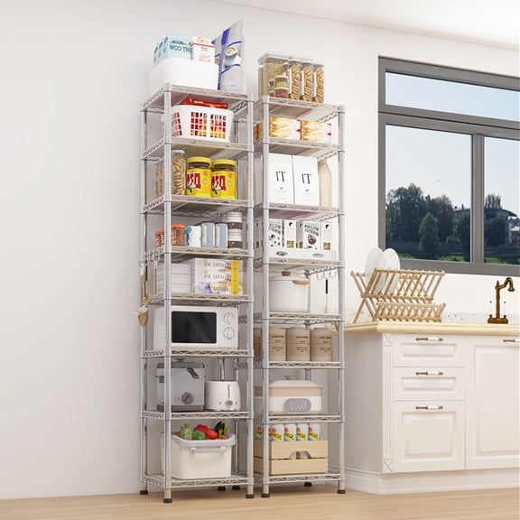 FCH eight segmented display rack with M8 adjustable feet, 4 S-hooks for free adjustment of layer spacing, iron 45 * 180cm, powder coated silver