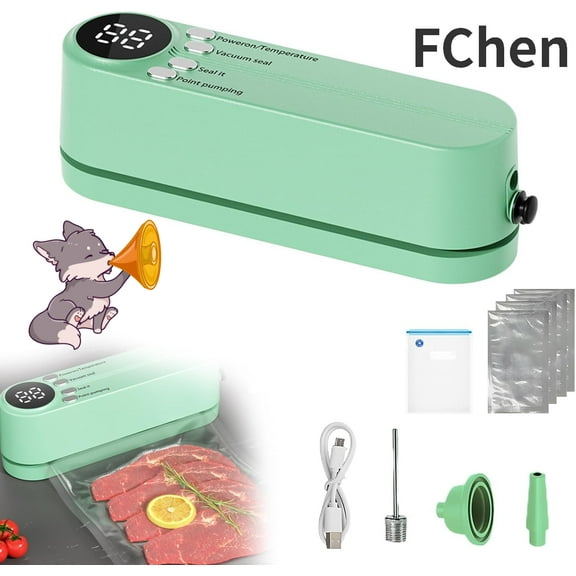 FCHEN-2025 Mini Vacuum Sealer - Cordless, Rechargeable 3-in-1 Handheld Bag Sealer with Digital Display | for Dry/Moist Food, Chip Bags & Ball Inflation | Includes 4 Sealer Bags & 1 Suction Bag
