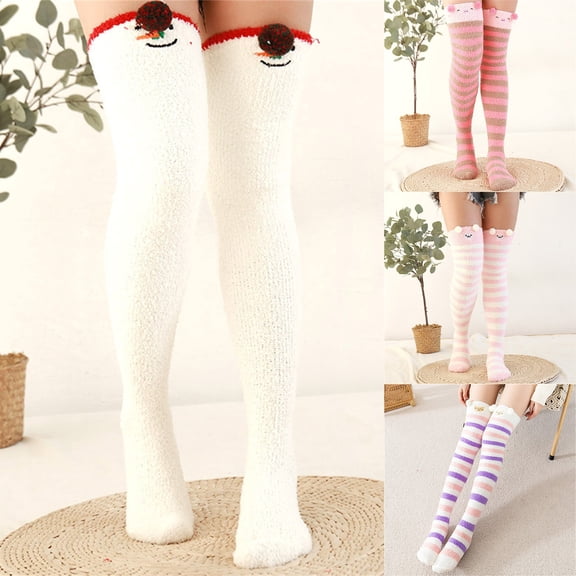 FCLoft 2 Pairs Women's Coral Fleece Socks - Thickened Fuzzy Warm Over Knee Cartoon Striped Leg Warmers