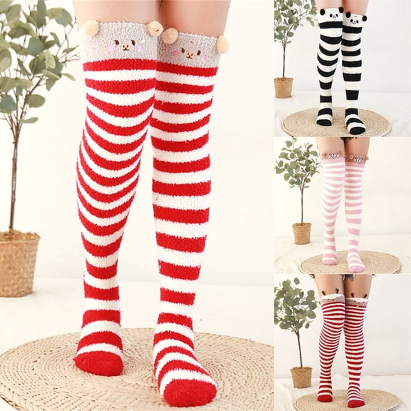 FCLoft 2 Pairs Women's Coral Fleece Socks - Thickened Fuzzy Warm Over Knee High Socks with Cartoon Stripes