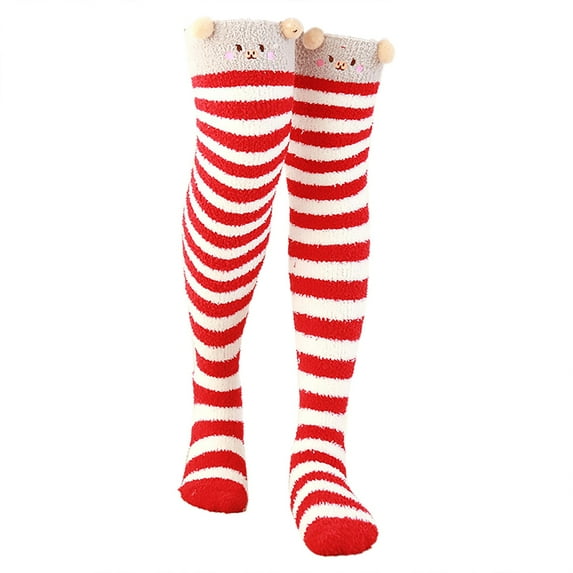FCLoft 2 Pairs Women's Fuzzy Warm Knee High Socks - Coral Fleece Thickened Cartoon Striped Over The Knee Stockings