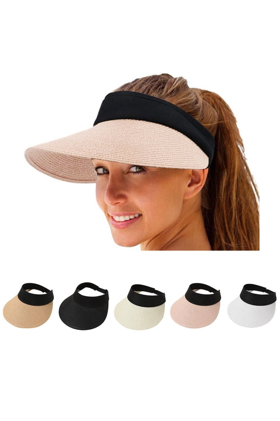 Sun Hats For Women, Straw Wide Brim Sun Visor, UV Protection Ponytail Hat Foldable Packable Summer Beach Travel Cap