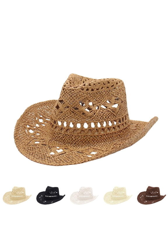 Sun Hats For Women's, Hand Woven Straw Beach Cowboy Hat, Fashionable Outdoor Sun Hat with Shapeable Wide Brim Cowgirl Hat