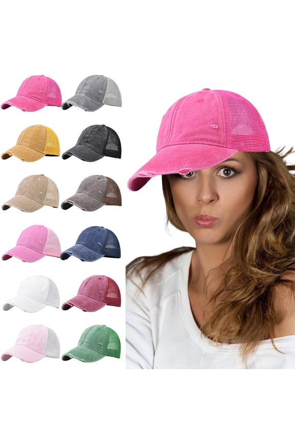 Sun Hats for Men Women, Vintage Washed Distressed Cotton Dad Hat, Denim Buckle Outdoor Sunscreen Trucker Cap