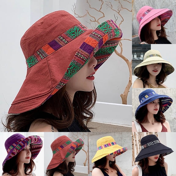 FCLoft Women Wide Brim Sun Hat Double Sided Ethnic Style UV Protection Foldable Beach Fishing Hat