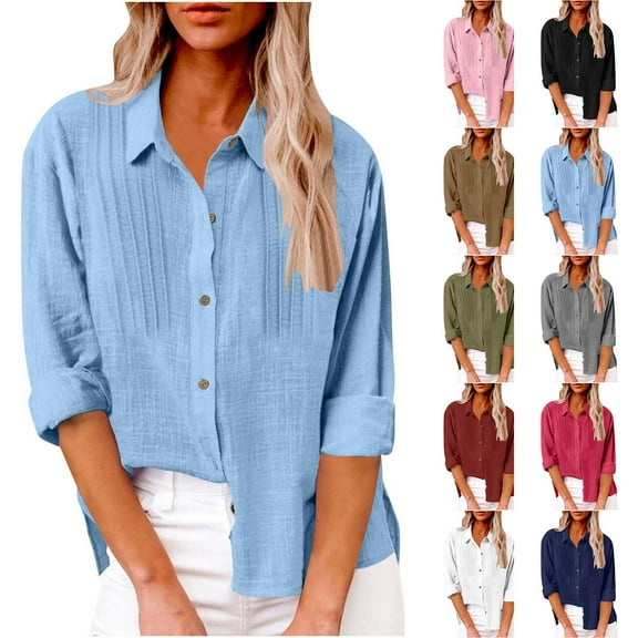 FCLoft Women's 2025 Summer Cotton Linen Tops - Long Sleeve Button Down Gauze Blouses, Trendy Boho Dressy Casual Clothes