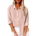 thumbnail image 1 of FCLoft Women's 2025 Summer Cotton Shirts - V-Neck Long Sleeve Solid Button Down, Casual Loose Fit T-Shirts, 1 of 7