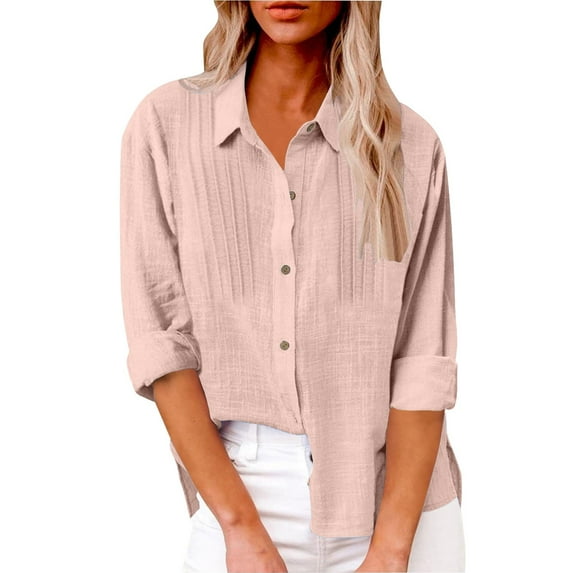 FCLoft Women's 2025 Summer Cotton Shirts - V-Neck Long Sleeve Solid Button Down, Casual Loose Fit T-Shirts
