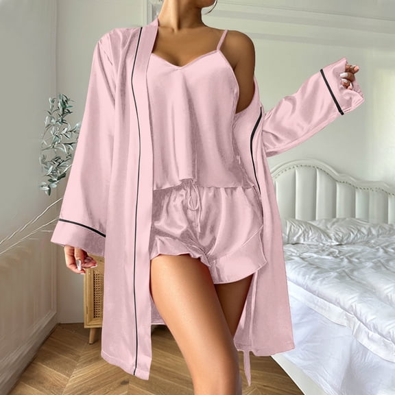FCLoft Women's 3-Piece Pajama Set - Elegant Long Nightdress, Top, Shorts & Robe Loungewear