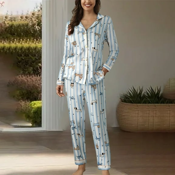 FCLoft Women's Button Up Collar Pajama Set - 2-Piece Long Sleeve Tops & Pants Lounge Wear