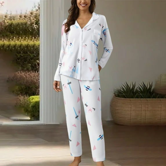 FCLoft Women's Classic 2-Piece Pajama Set - Cotton Button Down Long Sleeve Shirt & Long Pants Sleepwear