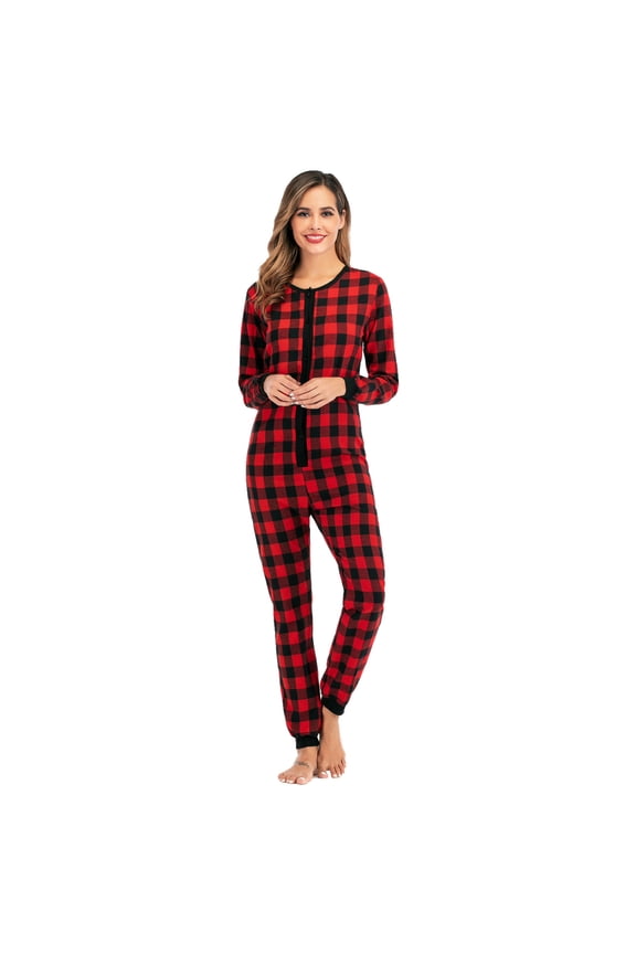 Women's Clubwear Sleepwear Onesie - Fleece Thermal Hooded Buffalo Plaid Henley Jumpsuit