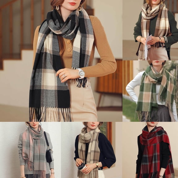 FCLoft Women's Colorful Plaid Scarf - Thickened Warm Autumn Winter Shawl with Fringe