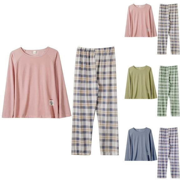 FCLoft Women's Fall 2-Piece Loungewear Set - Casual Crewneck Plaid Pajama Top & Wide Leg Pants with Pockets