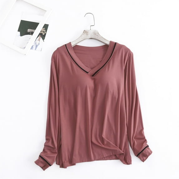 FCLoft Women's Fall Modal Shirt - Built-in Padded Bra, Soft Long Sleeve V Neck Pajama Top