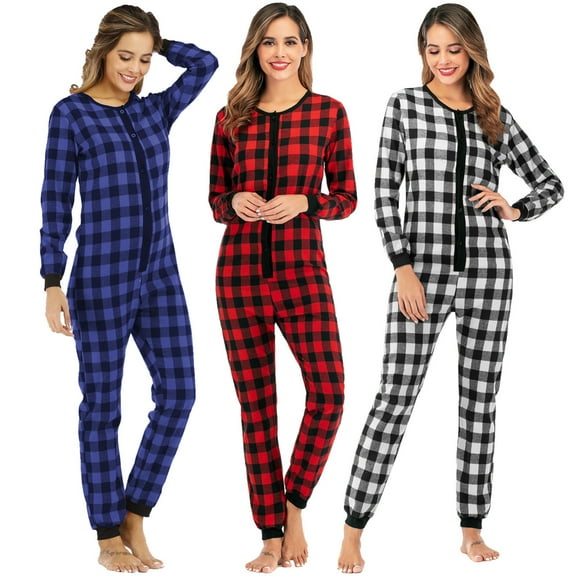 FCLoft Women's Fleece Thermal Onesie - Henley Collar Buffalo Plaid Hooded Jumpsuit, Sleepwear Clubwear