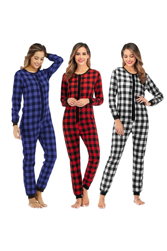 Women's Fleece Thermal Onesie - Henley Collar Buffalo Plaid Hooded Jumpsuit, Sleepwear Clubwear